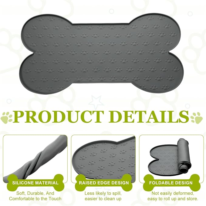 Dog Food Mat, 26x13 Inch Silicone Pet Feeding Mat Non-Slip Bone Shaped Waterproof Dog Water Bowl Tray Raised Edge Protects Floors (Gray), Intended for Pets Bowl/Fountain