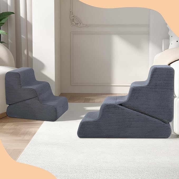 Dog Ramp for Bed, 16.5" H Dog Stairs for High Bed, 2 in 1 Pet Steps for Small Dogs, 3-Step Foldable Transformable Large Cats Ramp to Get on Couch, Non-Slip Balanced, Grey