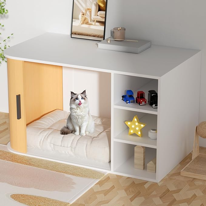 Cat Litter Box Enclosure Litter Box Furniture Hidden with Sliding Door Wooden Washroom Modern Indoor Cat House Table Nightstand Side End Table Box Cabinet,White and Natural