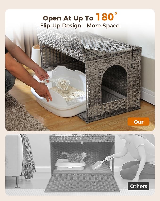 MUTTROS Rattan Cat Litter Box Enclosure Extra Large, Hidden Litter Box Furniture with Handwoven Wicker, Tall Doorway, Raised Edge Mat & Flip-Top Lid for Large Cats, Indoor Odor Control, Gray