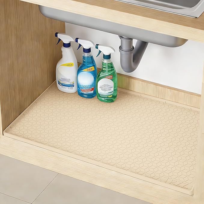 TRZZ Silicone Waterproof Under Sink Mat 22" x 19", Drip Tray and Cabinet Liner for Kitchen and Bathroom, Prevents Water Damage and Organizes Cabinets (Beige)