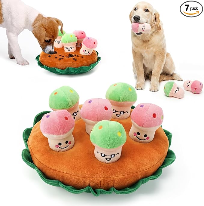 Skylety 7 Pcs Interactive Dog Toys Set, Snuffle Mat for Dogs, Treat Hiding Puzzle and Squeaky Plush, Mushroom Dog Toys for Small Medium Dogs, Training and Boredom Relief Plaything