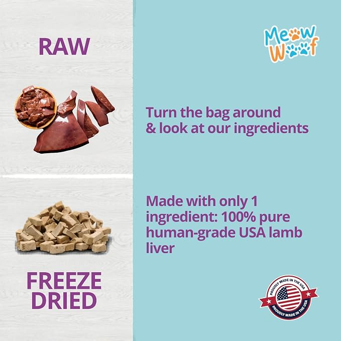 Meow Woof Freeze Dried Lamb Liver Dog Treats, Single Ingredient, High Protein Natural Dog Treats, Grain Free Training Treats for Dogs & Puppies, Freeze Dried Liver Treats for Dogs, 113g