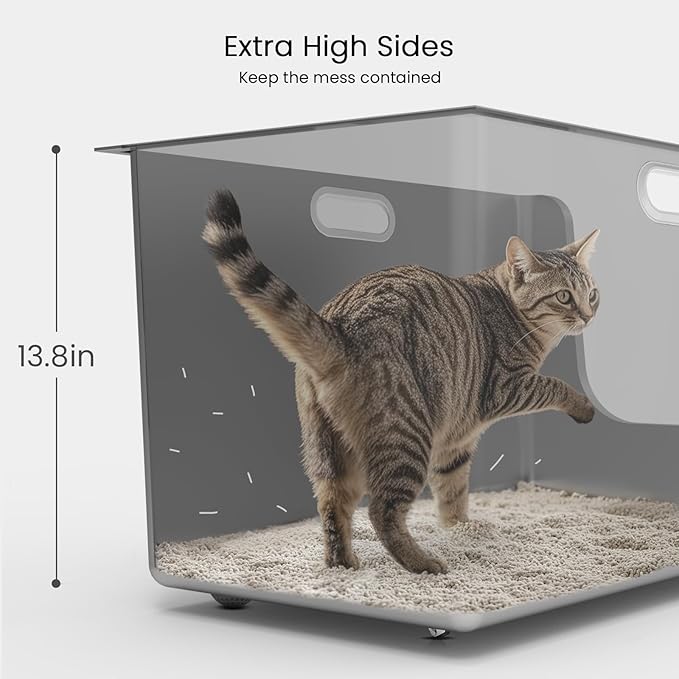 Stainless Steel Litter Box 13.7'' High Sides, XL Metal Cat Litter Box with Curved Low Entry, Cat Litter Pan for Big & Multiple Cats, Pet Toilet with Handy Wheels for Easy Moving
