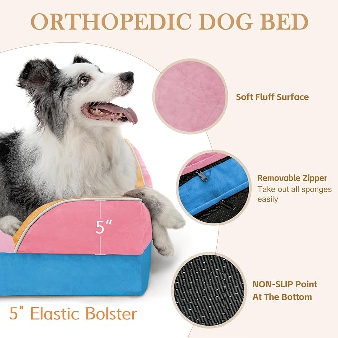 Comfort Expression Orthopedic Dog Bed for Extra Large Dogs 45x35 Inch, Waterproof Egg Crate Foam XL Pet Bed with Bolsters, Dog Couch with Washable Cover & Non-Slip Bottom, Bubblegum Cove