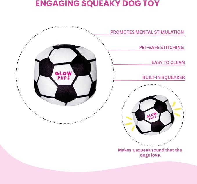 Glow Pups Plush Soccer Ball Dog Toy with Squeaker, Black and White