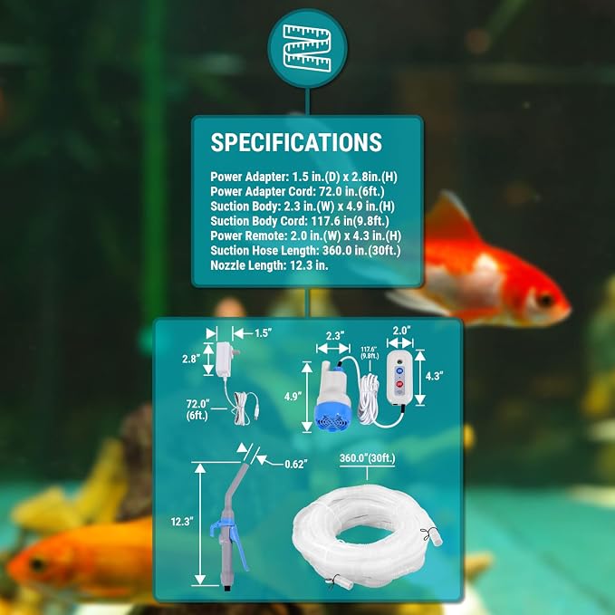TERA PUMP Aquarium Gravel Cleaner - Electric Automatic Removable Vacuum Fish Tank Water Changer, Sand Washer, Algae Cleaner Filter & 30 ft Hose Up to 8 Liters per Min