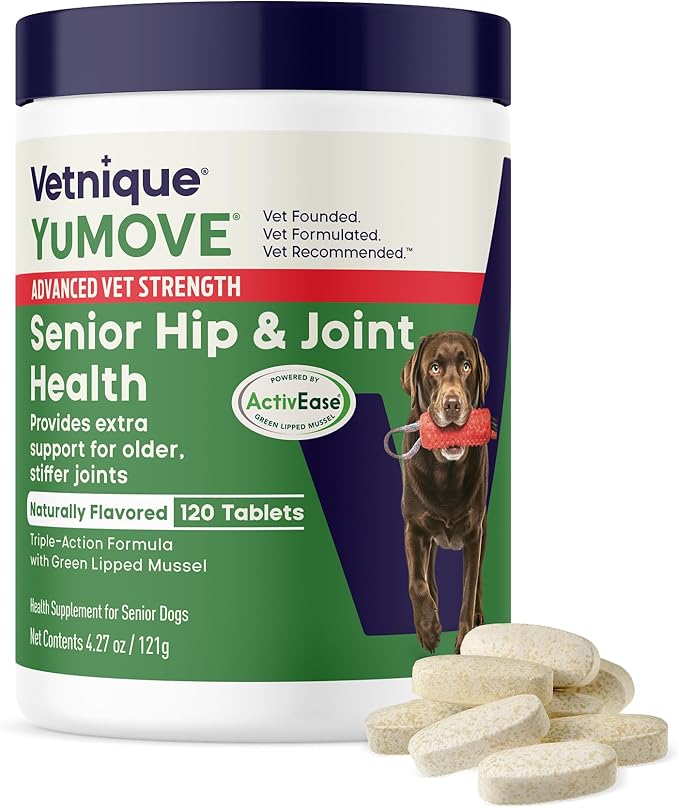 YuMOVE Hip & Joint Supplement for Dogs - with Glucosamine Chondroitin, Omega 3, Hyaluronic Acid, Green Lipped Mussel & Fish Oil for Dogs - Senior Dog Joint Supplement (Advanced Strength 120ct Chew)