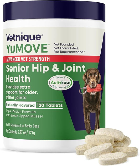 YuMOVE Hip & Joint Supplement for Dogs - with Glucosamine Chondroitin, Omega 3, Hyaluronic Acid, Green Lipped Mussel & Fish Oil for Dogs - Senior Dog Joint Supplement (Advanced Strength 120ct Chew)
