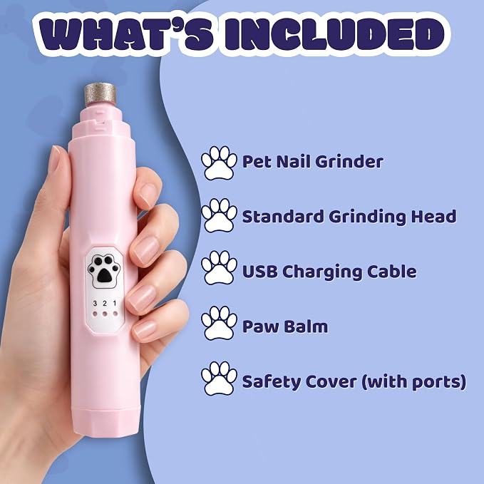 Silent Groom Pro Pet Nail Grinder Quiet with Light - Professional Pet Nail Trimmer for Large Dogs Cats - Rechargeable Electric Grinder with Paw Balm (Rose)