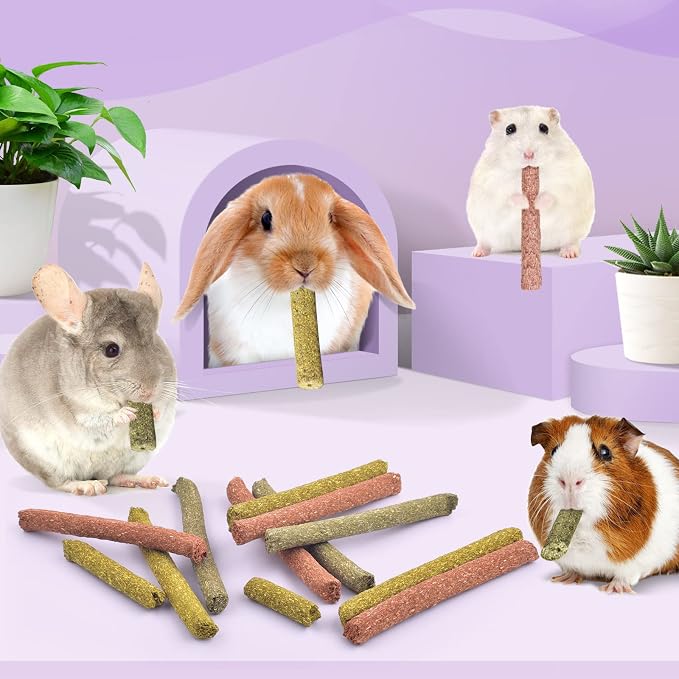 Bissap Rabbit Chew Sticks, Bunny Molar Mixed Timothy Hay Treats Bamboo Sticks for Small Animals Hamsters Chinchillas Guinea Pigs Squirrels Natural Teeth Grinding Chewing Toys