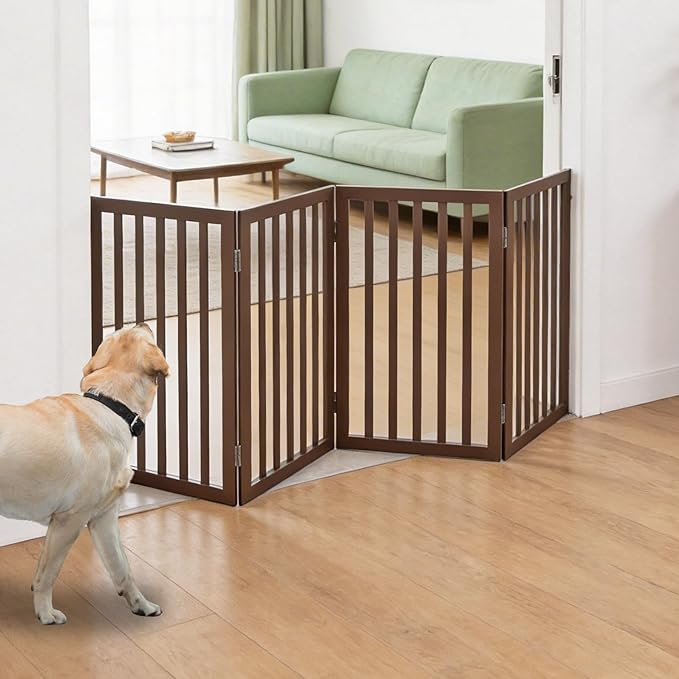 Dog Gate Indoor, Freestanding Dog Fence for The House, Doorways, Hallways,or Stairs,Pet Gate Foldable Wooden,Expandable 24" Height 4 Panels,Brown