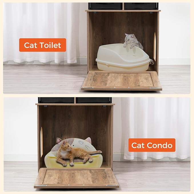 Dwanton Litter Box Enclosure with 3 Storage Shelves and 2 Drawers, 2-in-1 Hidden Cat Litter Box Enclosure Furniture with Shelf, Reversible Entrance, Washable Drawers, 61.8-Inch, Greige