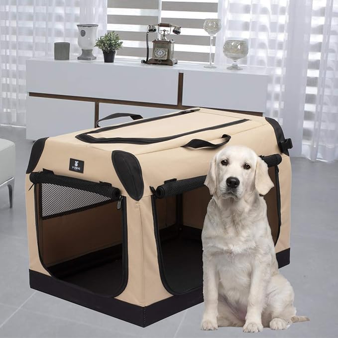 X-ZONE PET 3-Door Portable Soft-Sided Folding Soft Dog Travel Crate Collapsible Pet Kennel,X-Large, 36 x 25 x 25 Inches,Tan