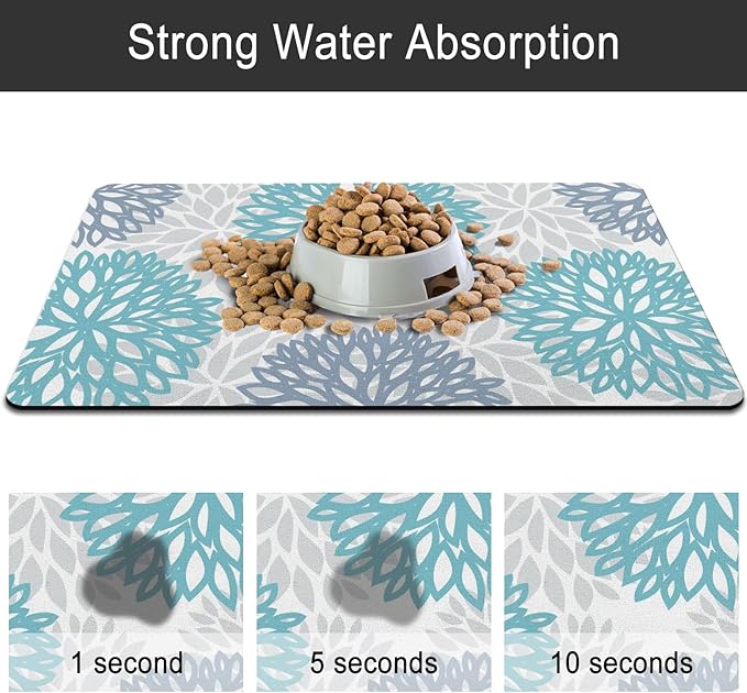 Dog Food Mats for Floors, Absorbent and Quick-Drying Pet Cat Food Mat,Anti-Fouling and Easy-to-Clean Pet Feeding Mat,Dog Bowl Mat for Messy Drinking Water Bowls.17x32, Bohemia Dahlia Floral Style