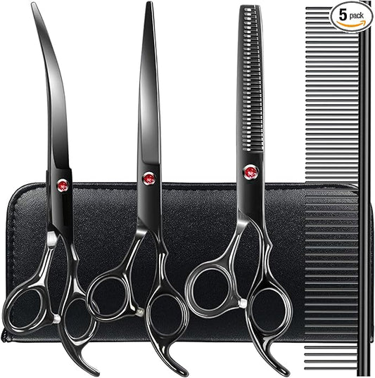 TINMARDA Dog Grooming Kit, Titanium Black Stainless Steel Dog Grooming Scissors with Curved Shears, Black Finger Rings - 4 Piece Sharp Durable Pet Shears for Dogs Cats At Home Salon-Quality Grooming