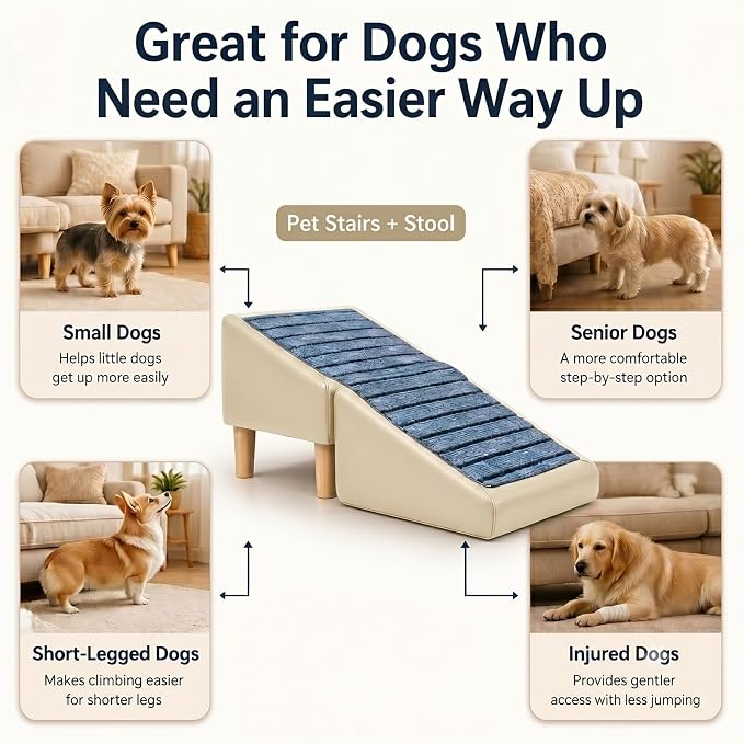Dog Stairs for Small Dogs, Dog Stairs for Couch& Bed, Non-Slip Foldable 2-in-1 Pet Steps for Cats, Leather Ottoman (Khaki, Large)