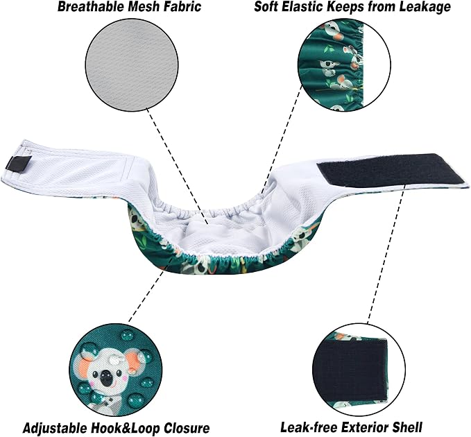 Leekalos Male Dog Diapers (3 Pack), High Absorbing Dog Belly Bands for Male Dogs, Washable Reusable Dog Male Wraps (Koala, X-Small)