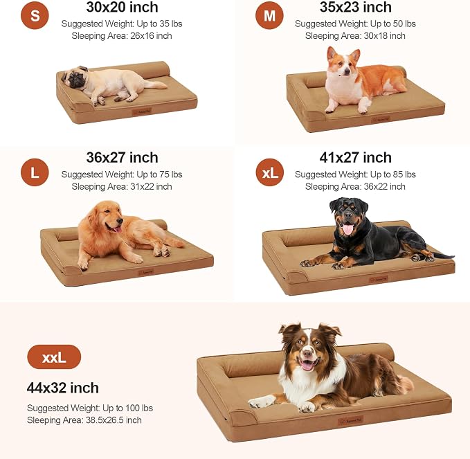 Rainmr Orthopedic Dog Bed for Large Dogs, 41"x27"x6" Memory Foam Pet Bed with Washable Microsuede Cover, TPU Waterproof Liner & Nonskid Bottom, for Indoor, Outdoor, Crate ＆ Car Use, Khaki
