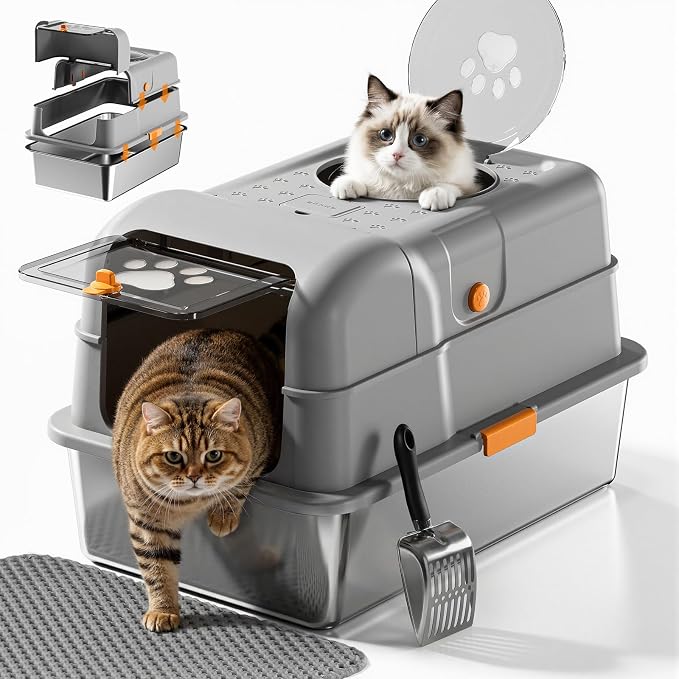 24″Lx16″Wx15″H Non-Stick Stainless Steel Litter Box with Lid, No-Mess Odor Control Anti-Leak Cat Litter Box, 3-in-1 Fully Enclosed High-Sided Litterbox with Flip Top (Gray)