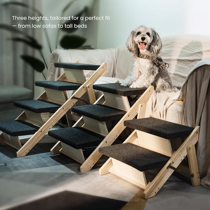 MEWANG Wood Pet Stairs & Ramp for Small/Medium Dogs and Cats, Aging Pets – 2-in-1 Foldable, Portable, Non-Slip Pet Ladder for Tall Beds, Couches,Cars–Holds Up to 220 lbs (17.3" L x 17.2" W x 13.0" H)