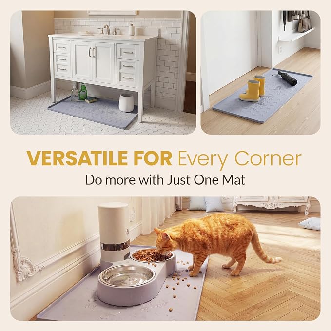 Silicone Pet Feeding Mat - 100% Waterproof Dog & Cat Bowl Pad with Raised Edges - Protects Floors from Messy Eaters & Spills - Anti-Slip, 100% PET-Safe, Dishwasher Safe (Grey 18.5"x11.5")