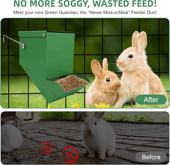 2 Packs Hay Feeder Rabbit, Metal Small Animal Feeder with Lid & Mesh Bottom, 4.7 Inch 2 LBS Capacity, Gravity Food Dispenser for Guinea Pigs Chinchillas, Cage or Outdoor Use, Green