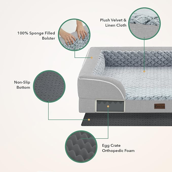 Orthopedic Dog Beds for Medium Sized Dogs 35x22 Inch, Medium Waterproof Memory Foam Dog Sofa Bed with Removable Washable Cover Pet Couch with Bolster, Light Grey