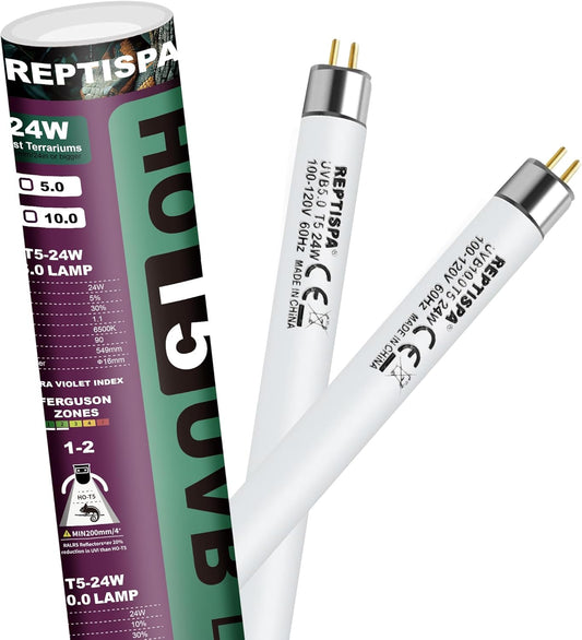 10.0 UVB Light for Reptiles, T5 HO 24 Watt Reptile Lamp Tube, Pack of 2 Fluorescent UVB Bulb, Basking Light for Bearded Dragon, Simulate Natural Sunlight for Reptiles and Amphibians