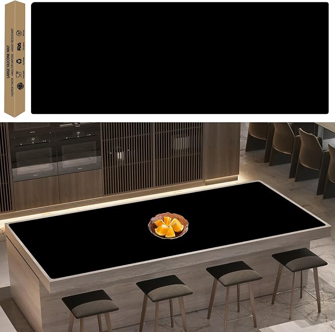 Super Large Silicone Mat, 120"x24" Silicone Mats for Kitchen Counter, Non-slip Heat Resistant Mat,Thicken Kitchen Counter Mat, Waterproof Countertop Protector for Craft (Black)