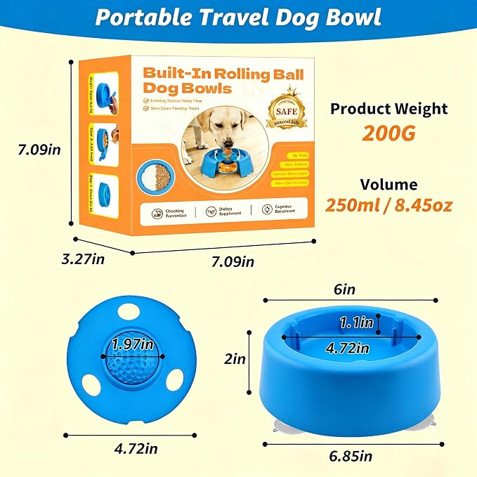 Slow Feeder Dog Bowls for Liquid Treats,Dog Licking Bowl with Rolling Ball Slow Feeder Bowl,Anti-Slip Spill-Proof Pet Dogs Lick Bowl Anxiety Relief Lickable Toys for Small and Medium Sized Dogs Cats