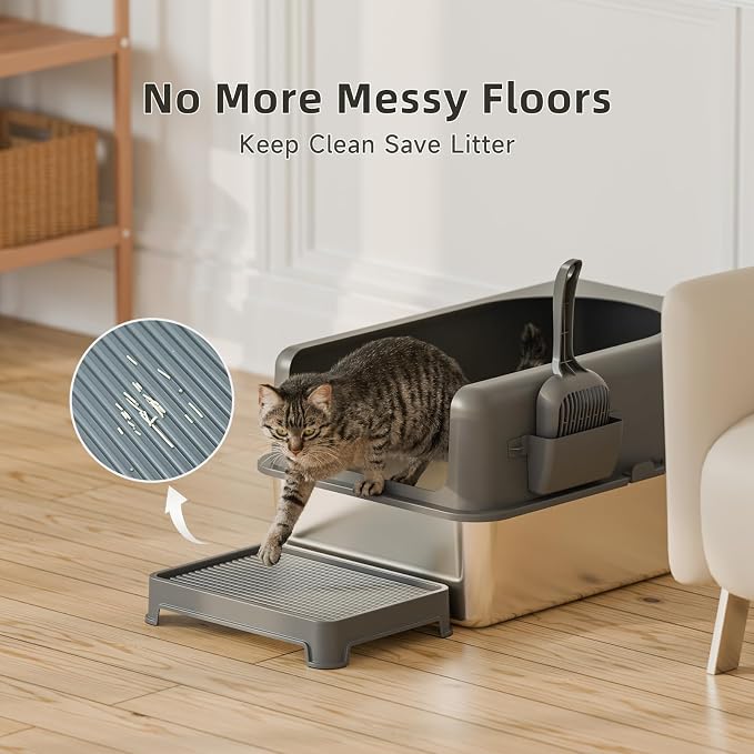 Booche High-Sided Stainless Steel Cat Litter Box,Stainless Steel Litter Box with Lid,Extra Large Cat Toilet, Easy-to-Clean Metal Litter Pan for Cats (24''L X 16''W X 12''H with Scoop&mat)