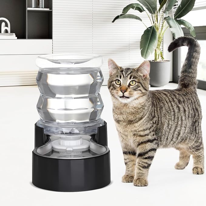 RIZZARI Black 4L Gravity Pet Water Dispenser with Stainless Steel Bowl - Activated Carbon & Ion Exchange Filter to Soften Water & Reduce Odor, Supports Urinary Health, for Garden or Study Room