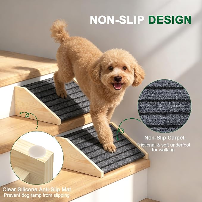 TIMHAKA 4 Pack Dog Ramp for Stairs, Upgraded Widened Non-Slip Dog Stairs for Small Medium Dogs, Wooden Pet Steps for Staircase, Steps and Stairs Assist for Injured & Aged Pets