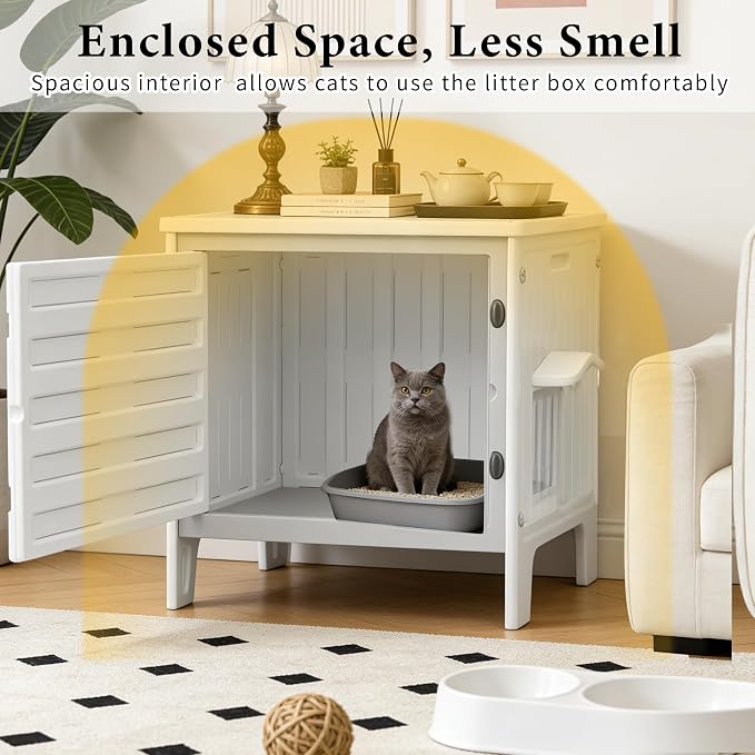 Cat Litter Box Enclosure Furniture Plastic Hidden Enclosed Litter Box Cabinet Cat House Kitty End Table for Living Room, Entryway, Balcony, Bedroom