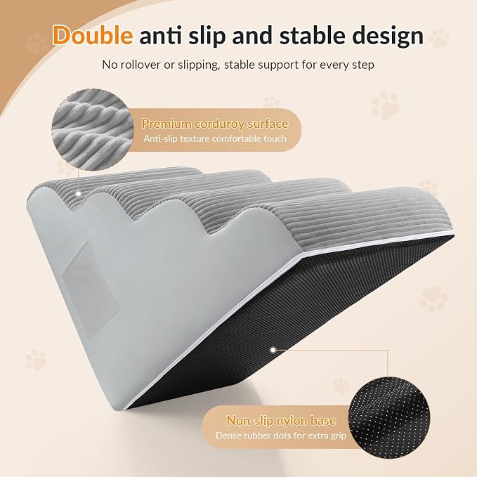 Dog Stairs for Bed Up to 24" H, Extra Height 22.8" 4-Step Pet Steps for Small Dogs and Cats, Non-Slip Sturdy Dog Ramp with Anti-Tip Safety Strap and Washable Cover,Balanced Ramp Indoor Pet Stairs