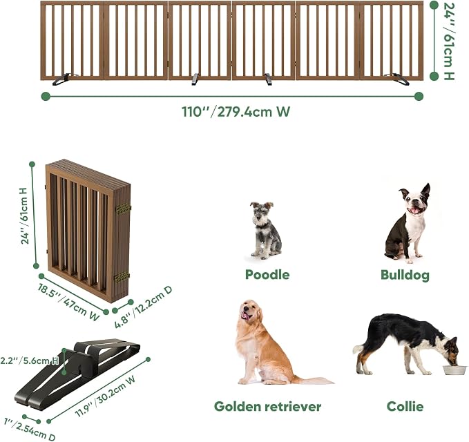 Dog Gates for Doorways, Freestanding Dog Gate Indoor, Foldable Pet Gates for Doorways Bedroom, Puppy Gate with Metal Support Feet, Room Divider 6 Panels (Dark Walnut)