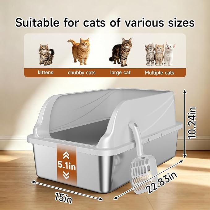 XL Stainless Steel Cat Litter Box with high Sides, Includes Scoop | Extra Large Litter box for Big Cats,Urine Leakage, Non-Stick, Durable,Easy to Clean