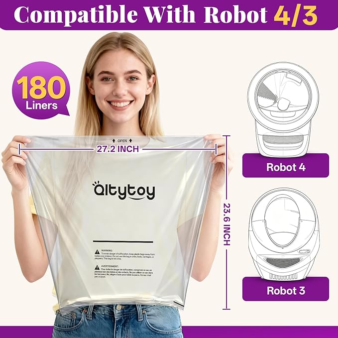 180 Pack Automatic Cat Litter Box Waste Bags Compatible with Litter Robot 5/4/3, 30LBS Heavy Duty Litter Box Liners,Transparent,Sensor-Compatible,9-11 Gallon,Leak-Proof,Replacement Cat Waste Liners