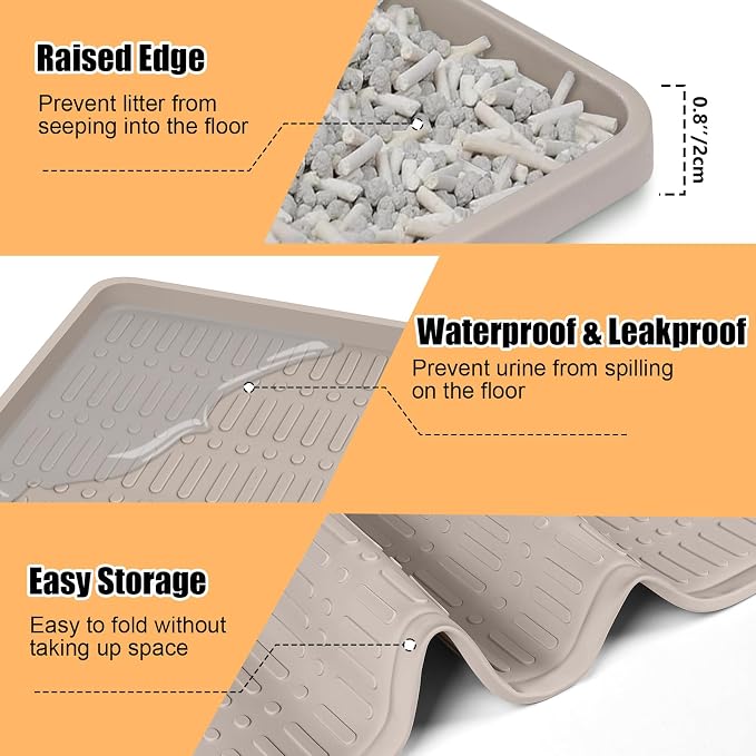 Silicone Cat Litter Mat, 47" x 35" Extra Large Litter Trapping Mat for Litter Box, Leak-Proof, Non-Slip, Kitty Litter Mats with Soft Texture for Floor, Keeping The Floor Clean (Khaki)