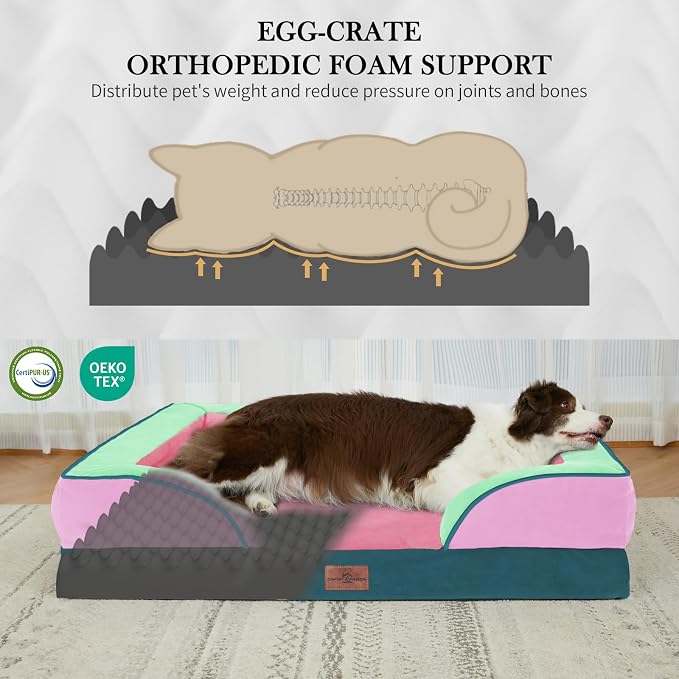 Comfort Expression Orthopedic Dog Bed for Large Dogs 36x27 Inch, Waterproof Egg Crate Foam Large Pet Bed with Bolsters, Dog Couch with Washable Cover & Non-Slip Bottom, Mint-Berry Dream