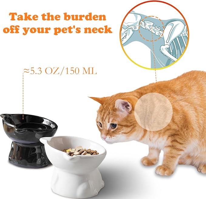 Ceramic Elevated Cats Bowls, 4Pc Extra Wide Raised Cats Bowls, Shallow Whisker Friendly Food & Water Dish, Anti Vomit, Microwave & Dishwasher Safe, 5 oz (Cat Bell 5 X 4.3'')