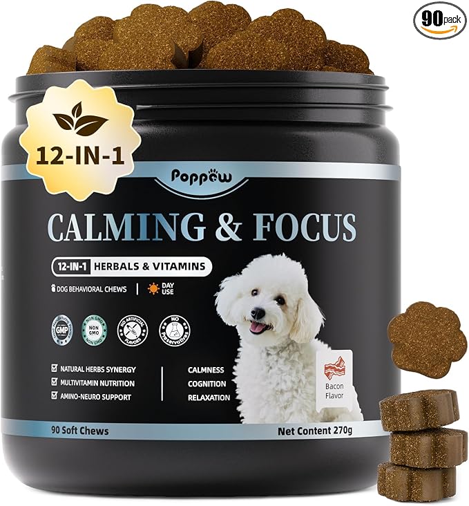 Calming Chews for Dogs – 12-in-1 Dog Calming Treats with Herbal & Vitamins, Relaxation, Focus & Behavior Support for Anxiety, Separation, Barking, Travel, Stress, Upgraded Bacon Flavor, 90 Ct