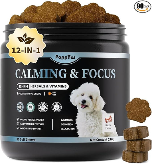 Calming Chews for Dogs – 12-in-1 Dog Calming Treats with Herbal & Vitamins, Relaxation, Focus & Behavior Support for Anxiety, Separation, Barking, Travel, Stress, Upgraded Bacon Flavor, 90 Ct