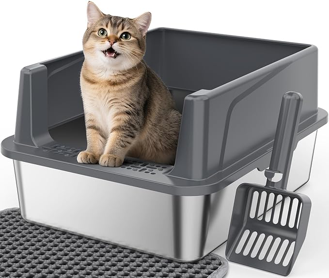 FURTIME Stainless Steel Cat Litter Box, Easy-Clean High-Sided Metal Litter Box, Open-Top Litter Pan for Small Cats, Includes Scoop & Mat, Non-Stick, Anti-Leakage, 17"×13"×8.4"