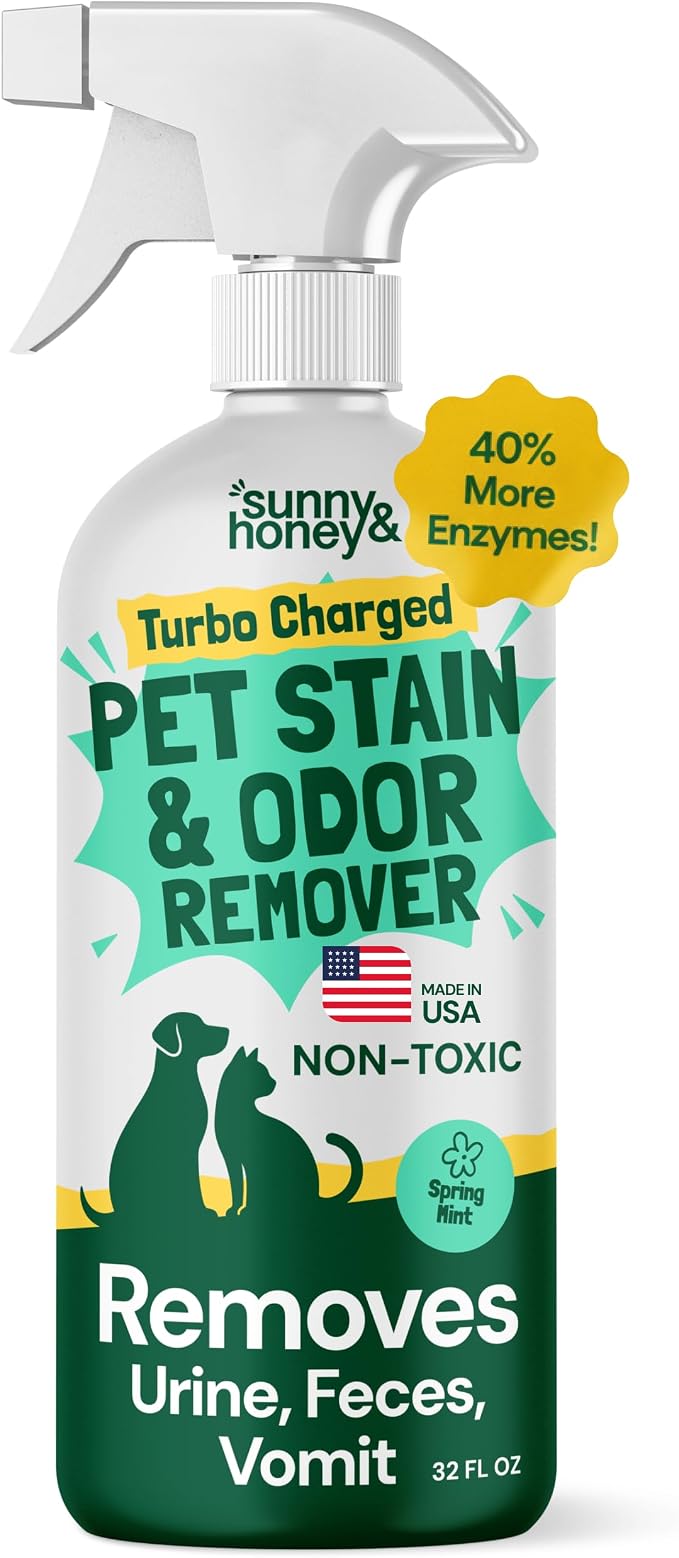 Sunny & Honey Turbo Pet Stain and Odor Remover - 40% More Enzymes - Enzyme Cleaner for Dog Urine and Poop on Carpets and Furniture - Pet Carpet Cleaner Spray (32fl oz Mint)