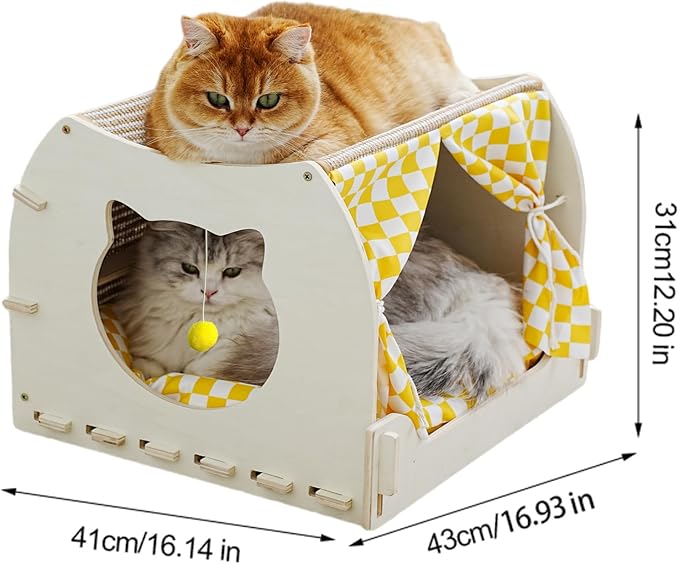 VARMTOR Cat House Indoor, Cat Cave, Modern Kitten Bed with Scratch Pad and Fluffy Ball, Wooden Frame with Cushion and Curtains (M, Double-Layer)