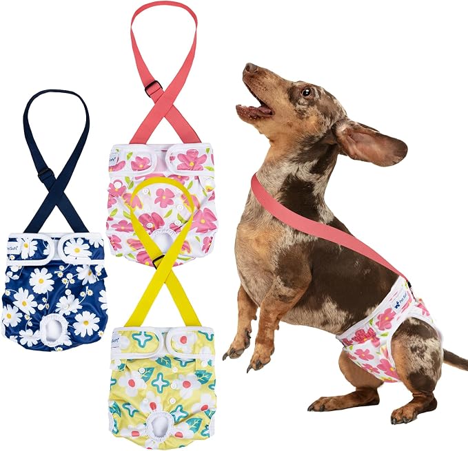 Pet Soft Dog Diapers Female with Suspenders, 3 Pack Reusable Female Dog Diapers for Heat, Dog Period Panties for Doggie in Cycle(Small, Flowers)