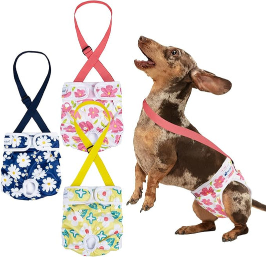 Pet Soft Dog Diapers Female with Suspenders, 3 Pack Reusable Female Dog Diapers for Heat, Dog Period Panties for Doggie in Cycle(Small, Flowers)