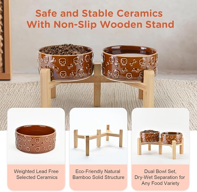 SPUNKYJUNKY Elevated Dog Bowls Ceramic, 6.1'' Dogs and Cat Food Water Bowls Raised with Non-Slip Bamboo Stand for Medium Sized Breed Microwave Dishwasher Safe - 28.7 OZ,Skull Bronze